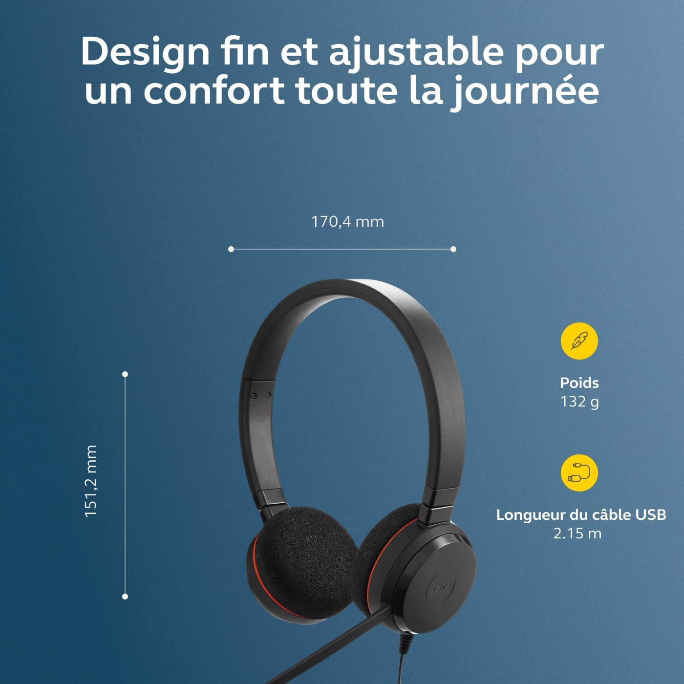Jabra Evolve 20 Stereo Casque audio - Casque certifié Microsoft pour VoIP Softphone avec annulation passive du bruit - Càble USB avec contrà´le volume - Noir – Image 5